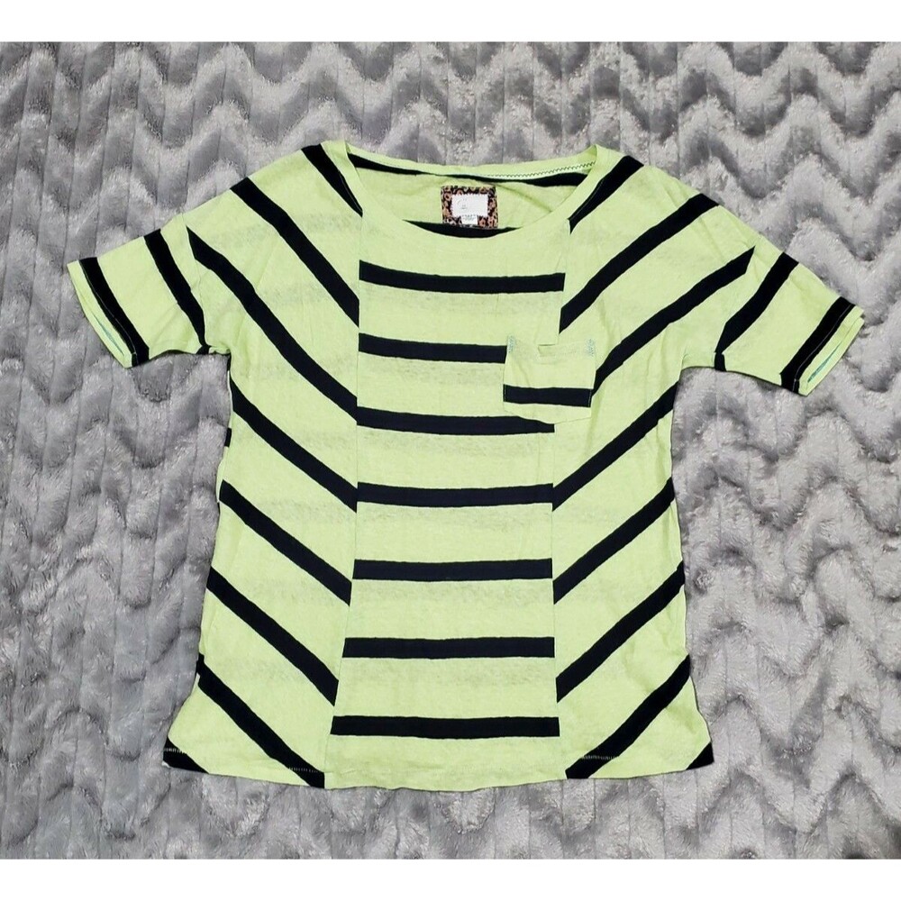 Postmark Anthropologie Womens S Green Black Striped Linen Blend T Shirt